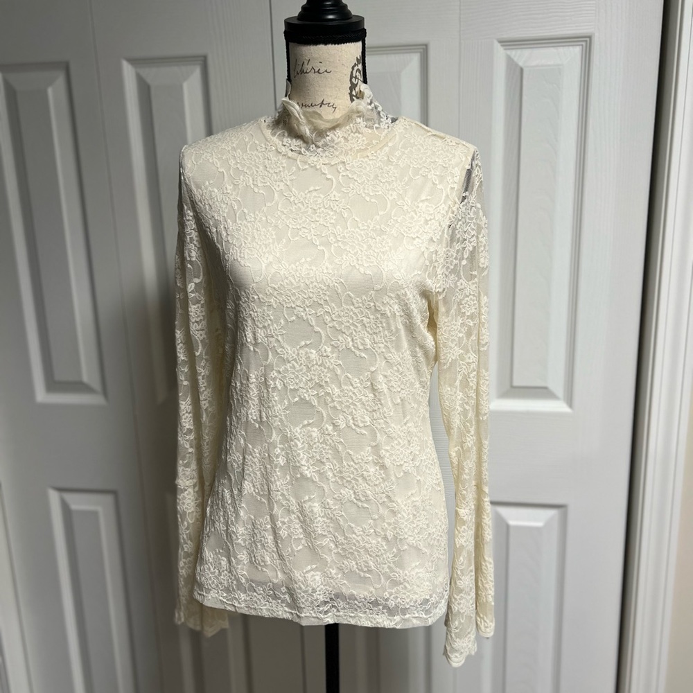 Vince Camuto Cream Lace, Bell Sleeve Blouse.